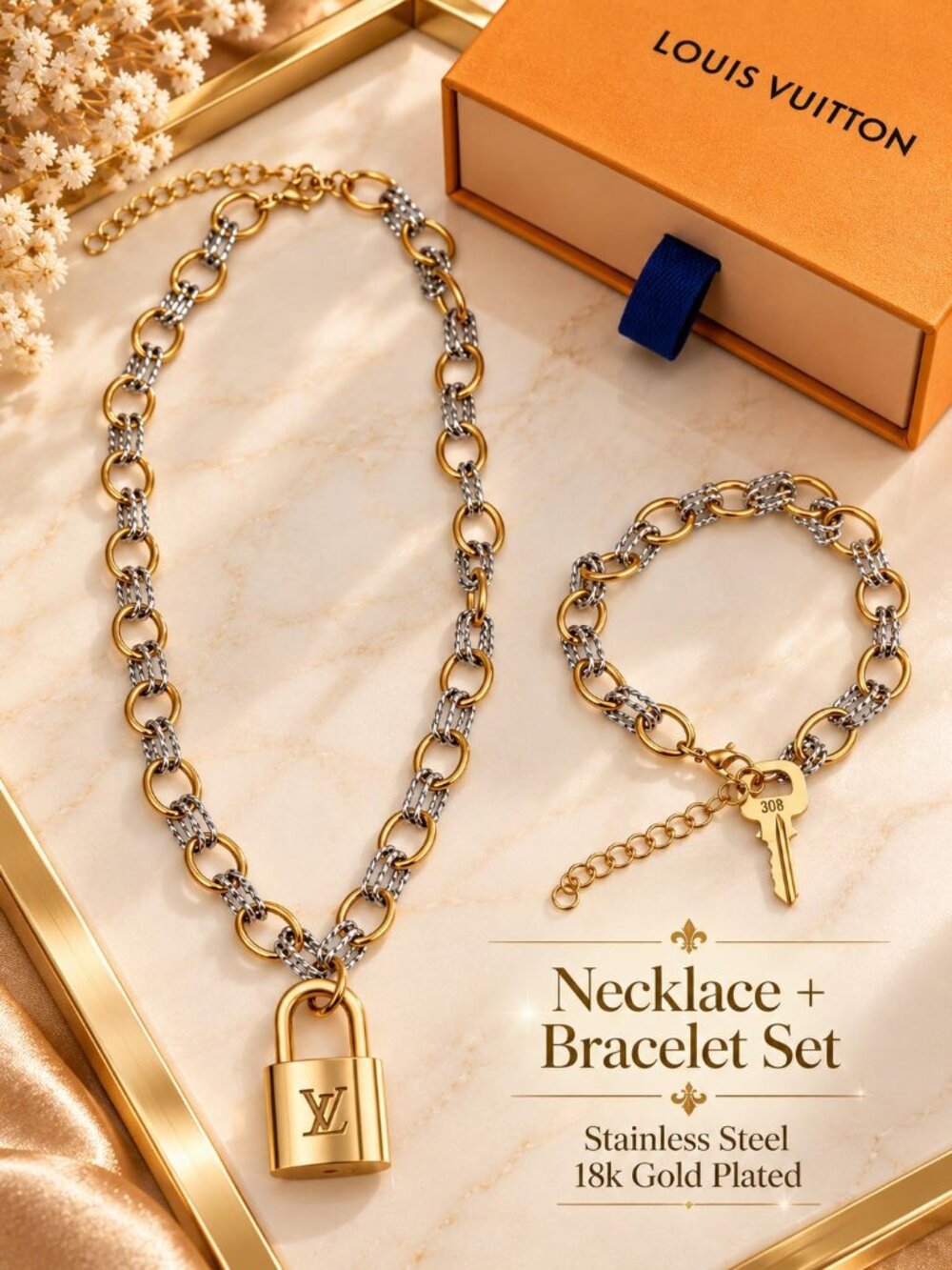 Stainless Steel 18k Gold Plated Necklace+ Bracelet w/Auth Louis Vuitton Padlock